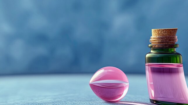 A pink sphere and a green glass bottle filled with pink liquid sit on a blue surface.