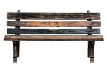 Old, weathered wooden park bench on isolated black background