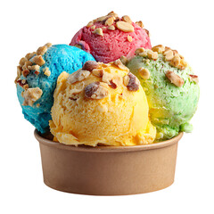 Colorful rainbow ice cream scoops with fruity flavors topped with crunchy nuts in paper cup, refreshing summer dessert, sweet frozen treat 