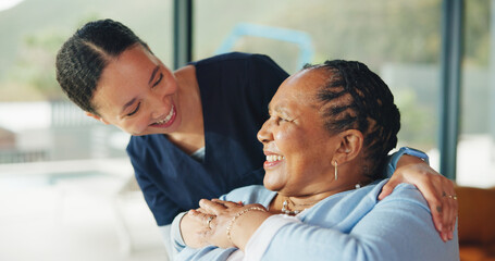 Hug, caregiver and old woman in nursing home with smile, wellness checkup and trust in healthcare. Happy, nurse or elderly person in retirement center with embrace for compassion, support or bonding.