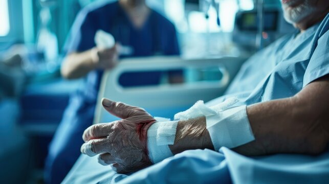 An elderly Caucasian man in a hospital bed with bandaged hands. A nurse in scrubs is attending to him in a medical environment.