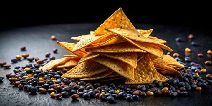 Crunchy tortilla chips piled high on a black background with a few scattered blue corn kernels