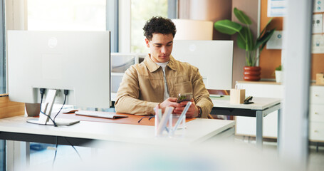 Break, social media or man with phone in office, check post notification or typing message to relax. Calm, texting or financial advisor rest with tech in workplace, browsing internet or digital forum