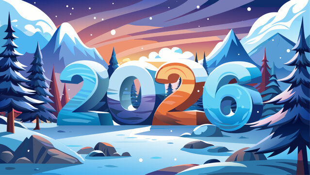 Very beautiful sign with the year 2026 in a snowy landscape, featuring frosty textures, soft snowdrifts, pine trees in the background, and a serene winter atmosphere perfect for New Year and holiday 