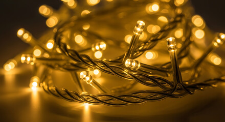 Captivating close-up of warm golden LED string lights creating a sparkling and cozy festive ambiance, perfect for holiday decorations, celebrations, and inviting mood lighting in any setting