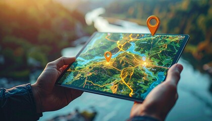 Outdoor navigation with tablet map, highlighted routes, and scenic landscape.
