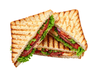 Grilled sandwich triangles with lettuce, tomato, and meat