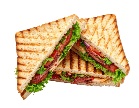 Grilled sandwich triangles with lettuce, tomato, and meat