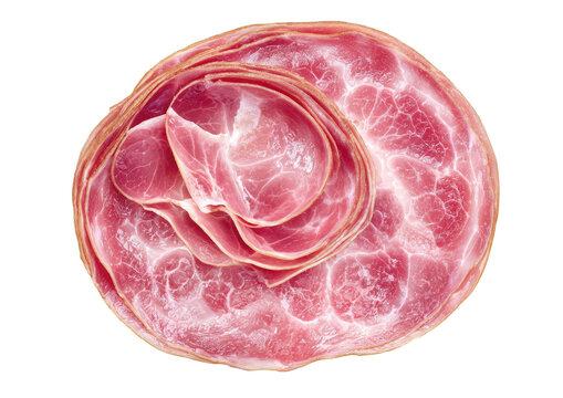 Stacked circular slices of cured, patterned, pink meat