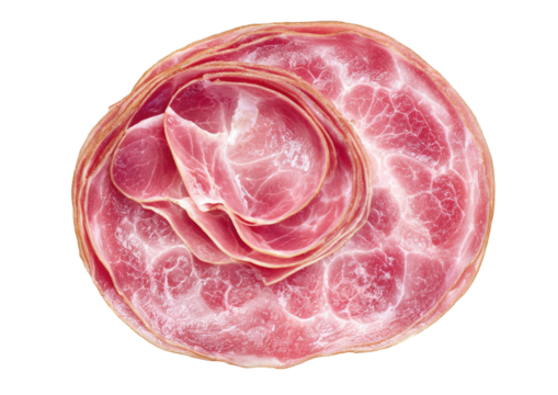 Stacked circular slices of cured, patterned, pink meat