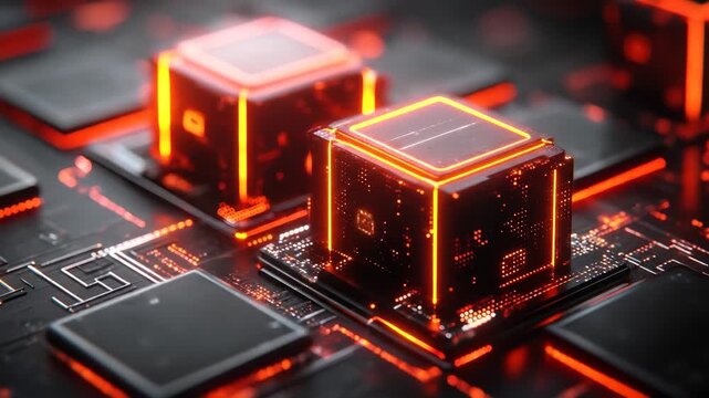 Futuristic circuit board featuring glowing orange cube-shaped processors