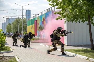 Fototapeta premium Three soldiers are on a sidewalk, one of them is spraying pink smoke