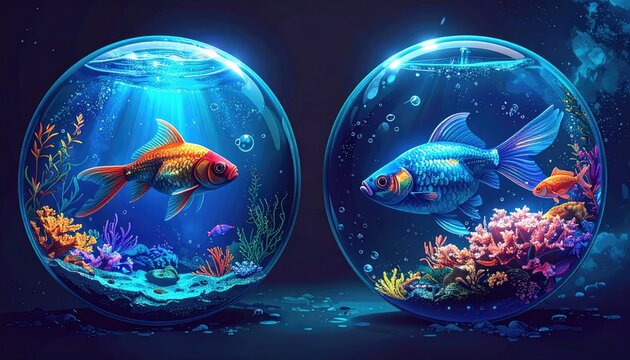 Two glowing orbs with colorful fish - Powered by Adobe