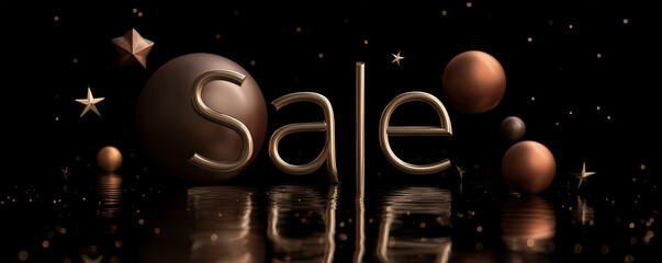 Floating bronze spheres and gold stars create a stunning holiday poster featuring a bold sale announcement against a matte black background, evoking a sense of elegance and celebration during the fest