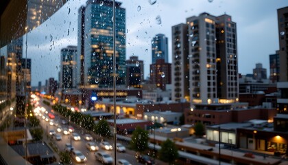 Obraz premium Raindrops on Window with Urban Cityscape and Skyscrapers in the Background at Night