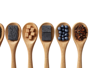 Spoons holding assorted foods, dark background