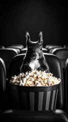 Squirrel's cinematic adventure: A movie night with popcorn delight, monochrome dreams