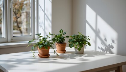 Fototapeta premium Natural Indoor Plants on a White Table with Soft Shadows Against a Bright Window in Modern Interior