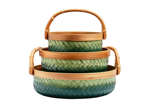Stacked green woven baskets with handles, isolated