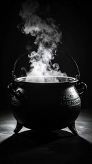 Mysterious cauldron with smoke rising, evoking a sense of magic and spell-casting in dark
