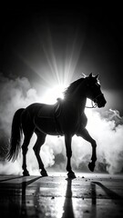 Dramatic Silhouette of a Horse with Saddle in Ethereal Light, Evoking Power