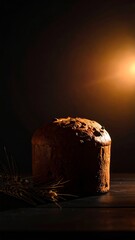 Artistic silhouette of a panettone with wheat stalks against a dark backdrop