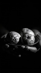 Monochrome still life featuring potatoes held gently in cupped hands in darkness