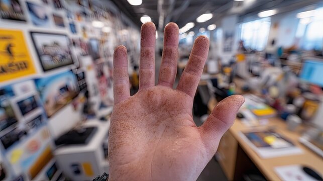 A person's dirty hand is held up in the foreground, obscuring a busy, blurred office with desks, computers, and photos on the wall.