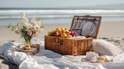 Chic coastal picnic setup on sand with wicker basket, white blanket, and fresh fruits.