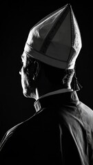 A somber and reverent black and white profile of a priest wearing a biretta