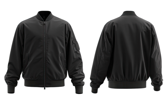 Black bomber jacket, front and back views, on dark background