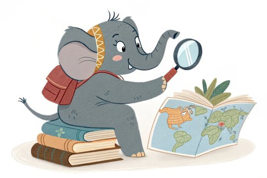 Cute cartoon elephant exploring a map with magnifying glass