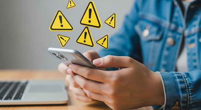 Person holding a smartphone with multiple yellow warning signs floating above it, symbolizing digital alerts or potential dangers.