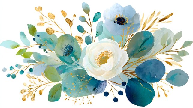 Elegant Watercolor Floral Arrangement With Blue And Green Leaves And White Flower Accents