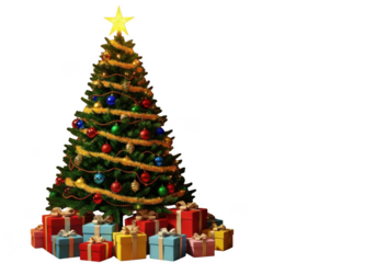 Festive christmas tree with star, ornaments and colorful presents. isolated on transparent background