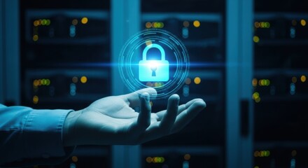 A hand holding a glowing blue digital padlock icon, symbolizing data security and protection in a server room environment.