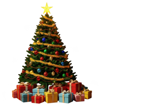 Festive christmas tree with star, ornaments and colorful presents. isolated on transparent background - Powered by Adobe