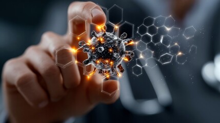 A person's hand touches a 3D rendering of a virus, surrounded by glowing hexagonal shapes.