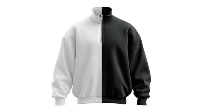 Half white, half black zipper-neck sweatshirt on dark background