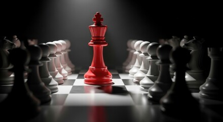 Red chess king piece illuminated on a chessboard, facing an opposing army of white pieces, symbolizing leadership and challenge.