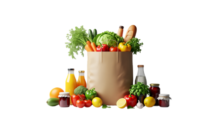 Grocery shopping bag full of healthy food, fresh vegetables, fruits and juice on a transparent background isolated 