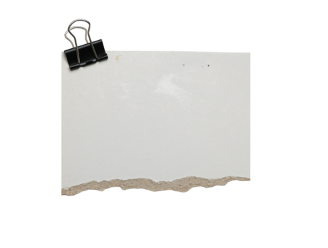 Torn white paper sheet with black binder clip isolated on transparent background, ripped textured note for messages,