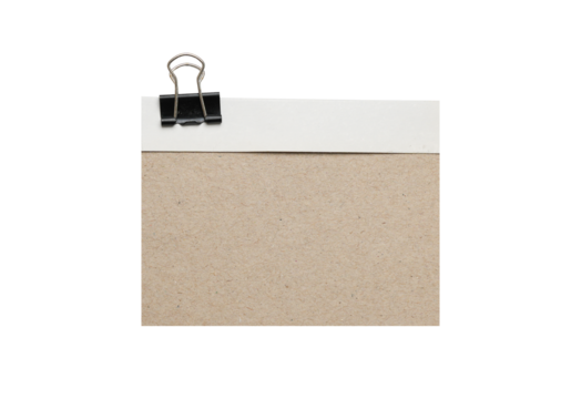 Kraft paper sheet with black binder clip and white top strip isolated on white background, blank cardboard note for labeling, messages, journaling, stationery, crafts, 