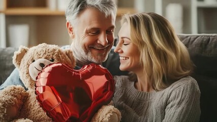 Mature couple smiling, holding red heart balloon and teddy bear, cozy living room, romantic gift for Valentine's Day, family and lifestyle magazines, anniversary celebration, loving atmosphere  - Powered by Adobe