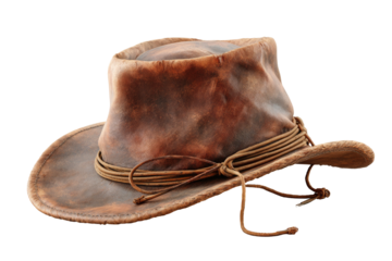 Old, worn brown leather hat with corded band