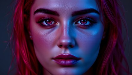 Portrait of a Young Woman with Colorful Makeup and Vibrant Lighting Displaying Strong Emotions