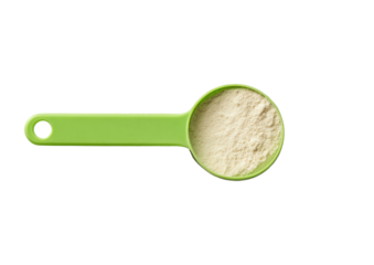Scoop of cream-colored powder in a green plastic scoop