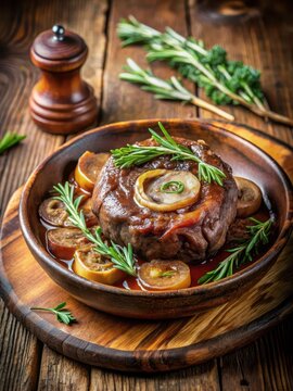 Classic osso buco dish garnished with fresh rosemary and thyme