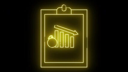 Neon graphic of a clipboard with a declining bar graph arrow down and a bomb icon