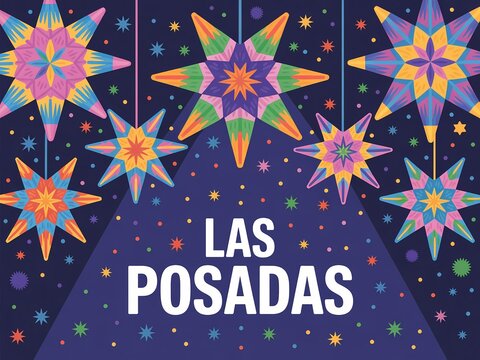 Colorful star shaped pi atas hanging against a dark starry night sky for las posadas celebration